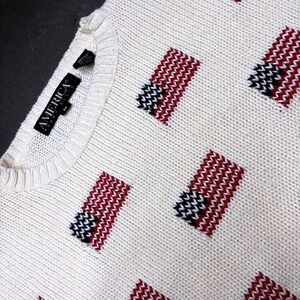 Vtg 90s America Perry Ellis Sweater Womens M Cream American Flag Knit Ribbed 80s